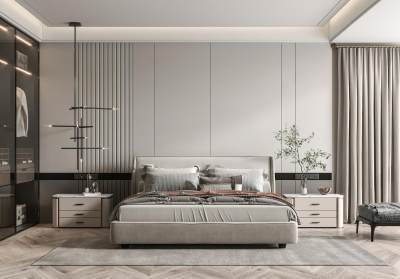 现代家居卧室 双人床 床头柜 衣柜 吊灯 绿植 摆件